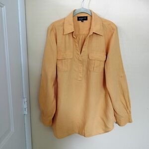 Jones New York Yellow Long Sleeve Linen L Tunic Top Shirt Popover Office Travel